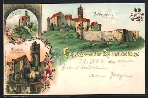 Lithographie Ronneburg / Oberhessen, Ronneburg Gesamtansicht, Torturm, Bergfried