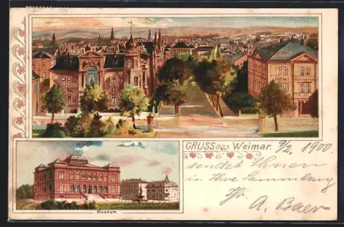 Lithographie Weimar, Hotel Kaiser, Museum, Stadtansicht