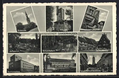AK Sangerhausen, Ulrichkirche, Kyffhäuser, Markt mit Kornhaus, Partie im Stadtpark, Gymnasium