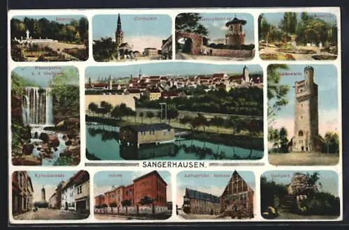 AK Sangerhausen, Ulrichplatz, Moltkewarte, Wasserfallpark, Schule, Stadtpark