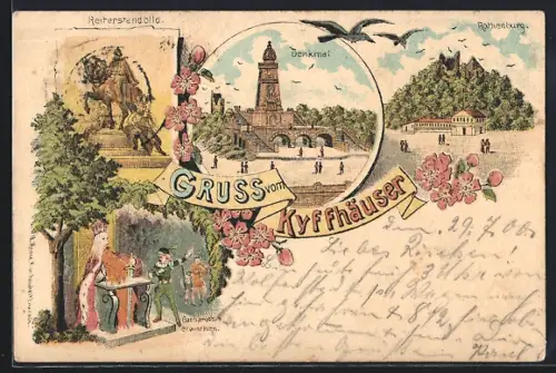 Lithographie Kyffhäuser, Denkmal, Reiterstandbild, Rothenburg, Barbarossawachen