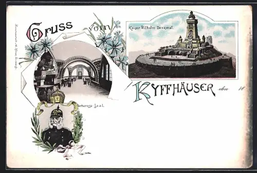 Lithographie Kyffhäuser, Kaiser Wilhelm Denkmal, Barbarossa-Saal