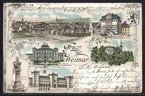 Lithographie Weimar / Thüringen, Gesamtansicht, Carl August-Denkmal, Schloss Ettersburg, Krankenhaus, Hauptpostamt