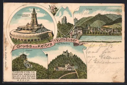 Lithographie Kelbra /Kyffhäuser, Kaiser-Wilhelm-Denkmal, Rothenburg, Klippen, Ortsansicht