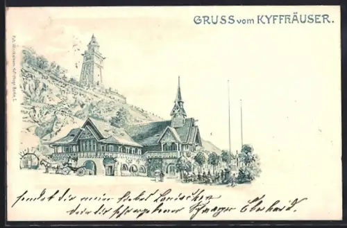 Lithographie Kyffhäuser, Kyffhäuserdenkmal, Gaststätte, Turm