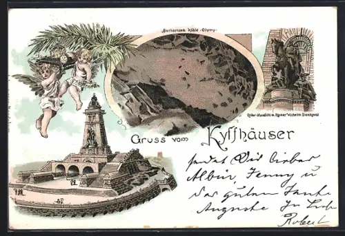 Lithographie Kyffhäuser, Barbarossahöhle, Kyffhäuser-Denkmal, Kaiser-Wilhelm-Denkmal