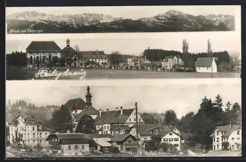 AK Heiligkreuz / Kempten, Kirche, Ortsansicht, Blick ins Gebirge