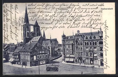 AK Halberstadt, Fischmarkt, Kirche, Strassenbahn