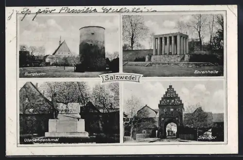 AK Salzwedel, Burgturm, Ehrenhalle, Ulanendenkmal, Steintor, Ehrenhalle