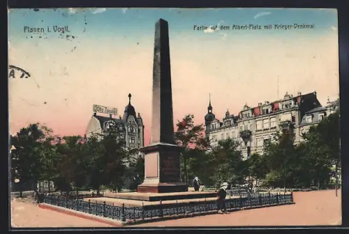 AK Plauen i. Vogtl., Albert-Platz, Krieger-Denkmal, Hotel Zeughof