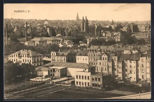 AK Plauen i. V., Stadtansicht mit Wohnhäusern und Kirche