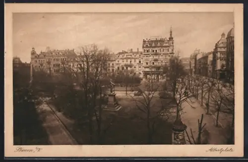 AK Plauen i. V., Albertplatz, Parkanlage, Denkmäler, Wohnhäuser