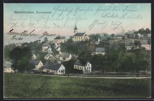 AK Waldkirchen /Zschopautal, Ortsansicht mit Kirche und umliegenden Gebäuden