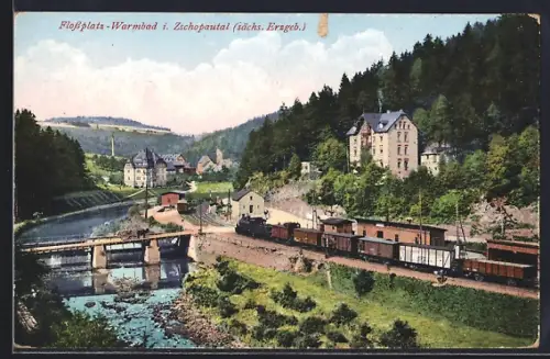 AK Warmbad i. Zschopautal, Flossplatz, Bahnlinie, Flussufer