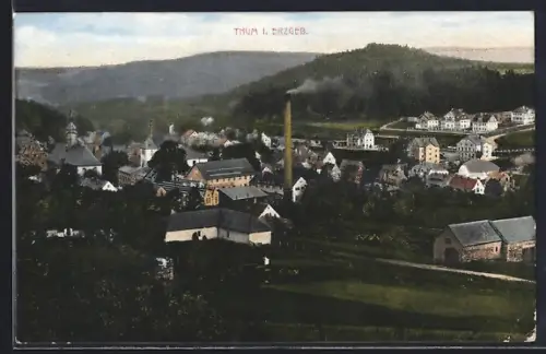 AK Thum i. Erzgeb., Ortsansicht mit Kirche und Fabrikschornstein