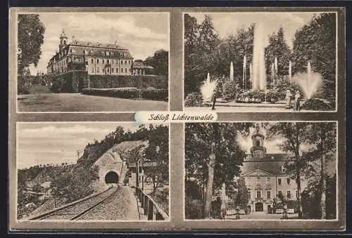 AK Lichtenwalde, Schloss, Park mit Springbrunnen, Eisenbahntunnel