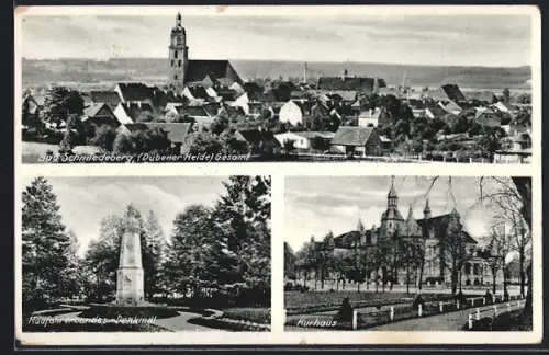 AK Bad Schmiedeberg /Dübener Heide, Gesamtansicht, Kurhaus, Kriegerdenkmal