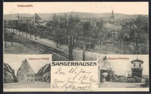 AK Sangerhausen, Totalansicht, Rathaus und Schloss, Husaren-Pförtchen