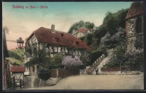 AK Stolberg im Harz, Partie, Fachwerkhaus, Treppe, Strassenansicht