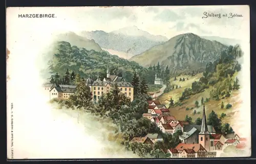 Lithographie Stolberg / Harz, Schloss, Kirche, Ortsansicht