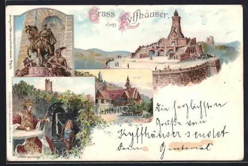 Lithographie Kyffhäuser, Kyffhäuserdenkmal, Reiterstandbild, Kaiser Barbarossa