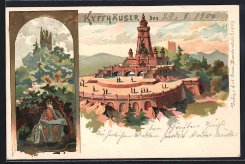 Lithographie Kyffhäuser, Kyffhäuserdenkmal, Barbarossahöhle, Burgruine