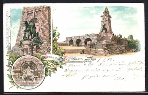 Lithographie Kyffhäuser, Kaiser-Wilhelm-Denkmal, Barbarossahöhle, Barbarossa-Statue