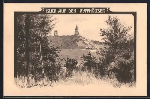 Künstler-AK Kyffhäuser, Blick auf das Kyffhäuserdenkmal und Ruine