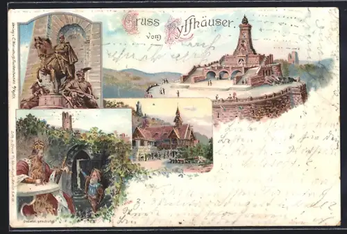 Lithographie Kyffhäuser, Kyffhäuserdenkmal, Reiterstandbild, Burgruine