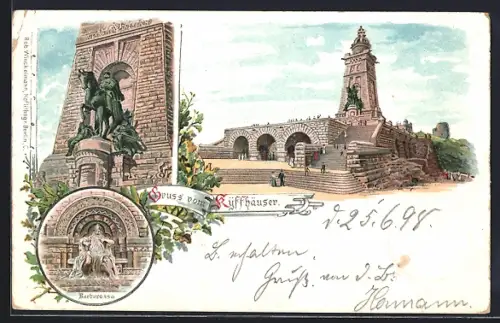 Lithographie Kyffhäuser, Kaiser-Wilhelm-Denkmal, Barbarossahöhle, Barbarossa-Statue