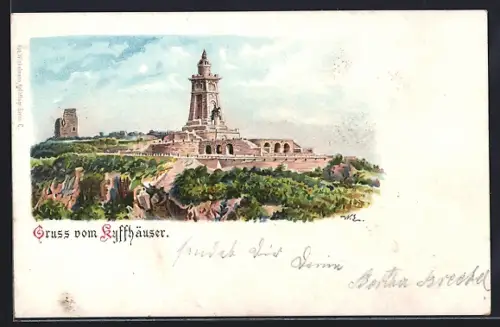 Lithographie Kyffhäuser, Kyffhäuserdenkmal, Ruine
