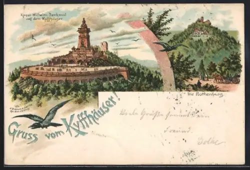 Lithographie Kyffhäuser, Kaiser-Wilhelm-Denkmal, Rothenburg