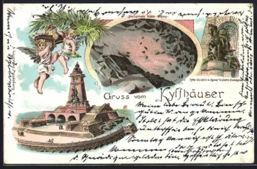 Lithographie Kyffhäuser, Barbarossa-Höhle, Kyffhäuserdenkmal, Barbarossa-Statue