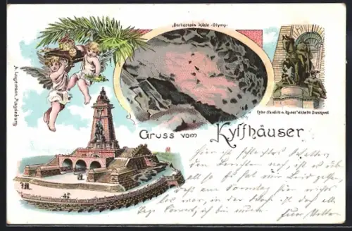 Lithographie Kyffhäuser, Kyffhäuser-Denkmal, Barbarossa Höhle, Kaiser Wilhelm Denkmal