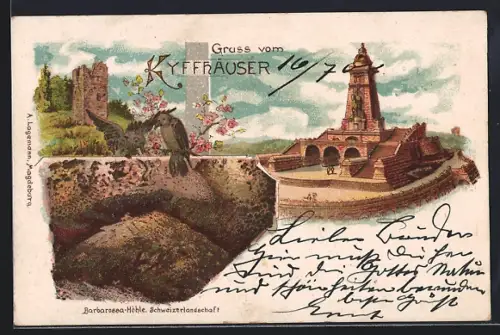 Lithographie Kyffhäuser, Barbarossahöhle, Denkmal, Burgruine, Schweizerlandschaft