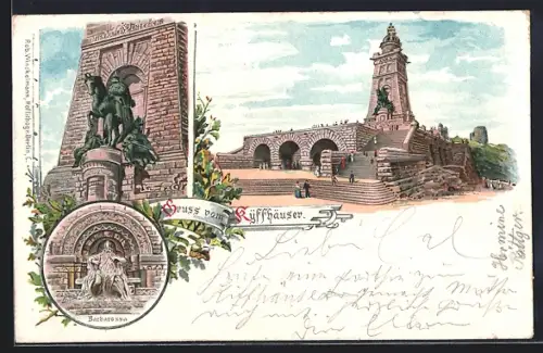 Lithographie Kyffhäuser, Kyffhäuserdenkmal, Barbarossadenkmal, Reiterstandbild, Barbarossabrunnen