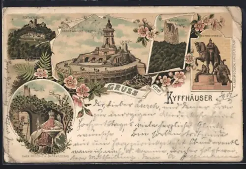 Lithographie Kyffhäuser, Kaiser-Wilhelm-Denkmal, Barbarossahöhle, Reiterstandbild, Rothenburg, Burgruine