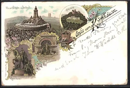 Lithographie Kyffhäuser, Kaiser-Wilhelm-Denkmal, Barbarossahöhle, Reiterstatue, Rothenburg