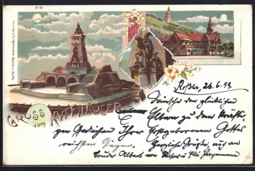 Lithographie Kyffhäuser, Kyffhäuserdenkmal, Burg, Kaiser-Wilhelm-Denkmal