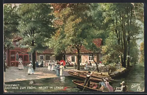 Künstler-AK Lehde /Spreewald, Gasthaus Zum fröhlichen Hecht