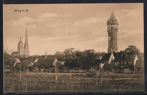 AK Burg b. M., Kirche, Wasserturm