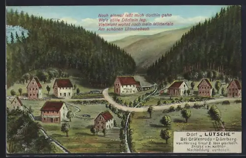 AK Lütsche bei Gräfenroda-Dörrberg, Dorfansicht, Mühle, Lütschebach