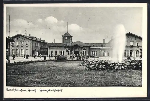 AK Nordhausen /Harz, Hauptbahnhof, Springbrunnen