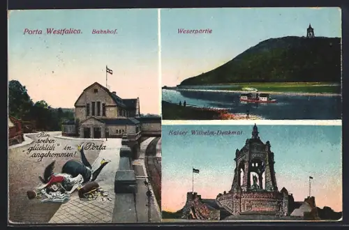 AK Porta Westfalica, Bahnhof, Weserpartie, Kaiser Wilhelm-Denkmal