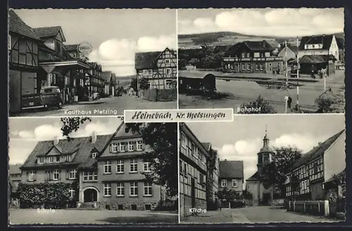 AK Heinebach /Melsungen, Kaufhaus Pietzing, Bahnhof, Schule, Kirche