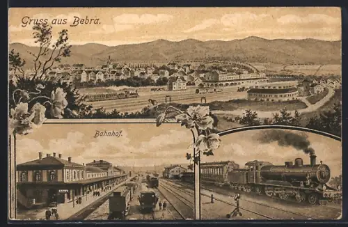AK Bebra, Gesamtansicht, Bahnhof, Dampflokomotive