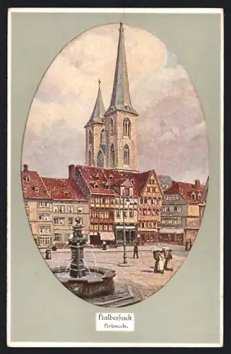 AK Halberstadt, Holzmarkt mit Springbrunnen