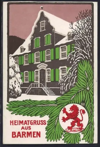 Künstler-AK Barmen, Zweistöckiges Gasthaus mit Dachgaube im Winter, Heimatgruss aus Barmen