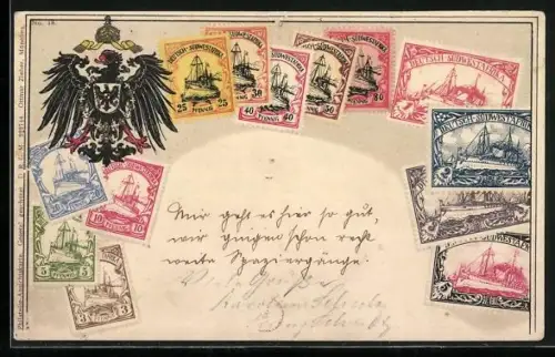 AK Briefmarken aus Deutsch-Südwestafrika, Reichsadler mit Wappen