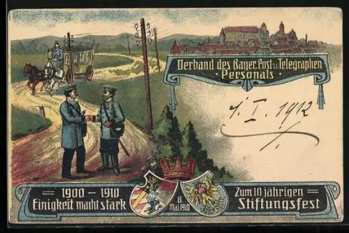 Künstler-AK Nürnberg, 10 jähriges Stiftungsfest des Verbands des Bayer. Post u. Telegraphen Personals 1910